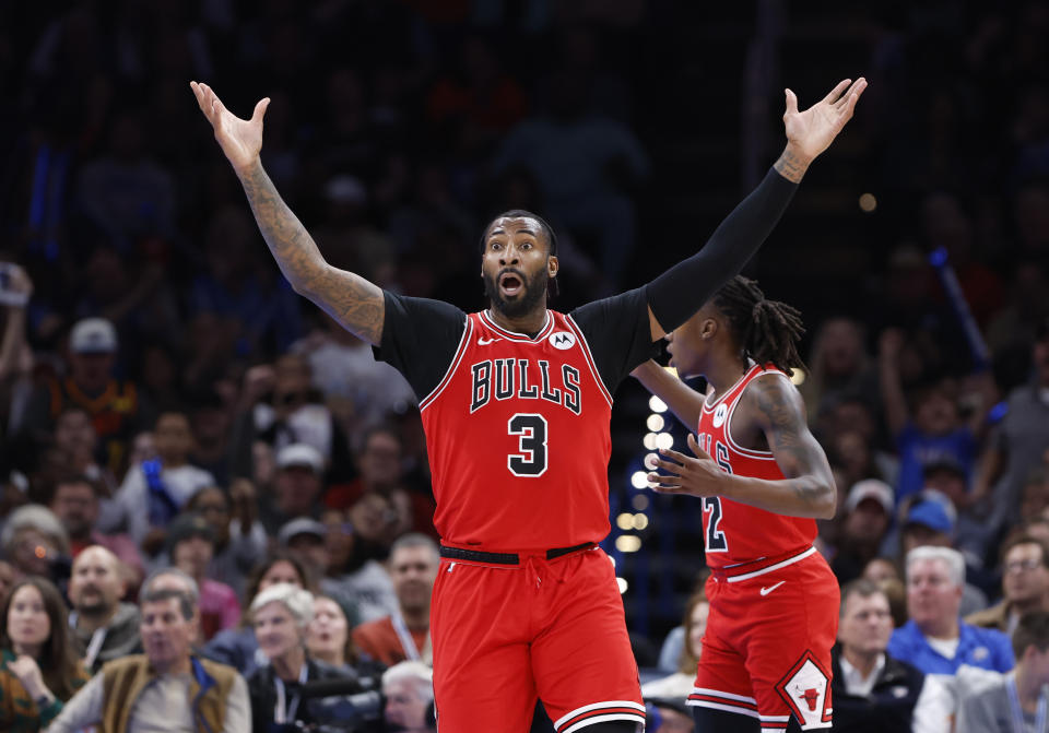 Nov 22, 2023; Oklahoma City, Oklahoma, USA; Chicago Bulls center <a class="link " href="https://sports.yahoo.com/nba/players/5015" data-i13n="sec:content-canvas;subsec:anchor_text;elm:context_link" data-ylk="slk:Andre Drummond;sec:content-canvas;subsec:anchor_text;elm:context_link;itc:0">Andre Drummond</a> (3) gestures after a foul is called against him on a play against the Oklahoma City Thunder during the second half at Paycom Center. Mandatory Credit: Alonzo Adams-USA TODAY Sports
