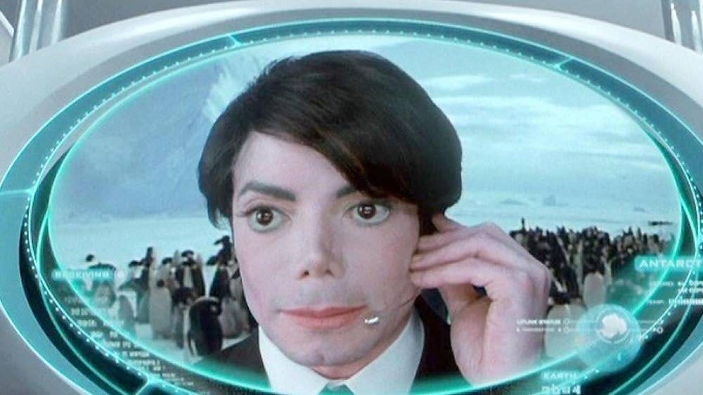 Michael Jackson in "Men in Black" suit with penguins behind him