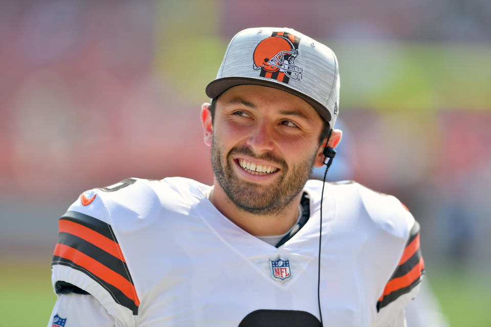 Cleveland Browns QB Baker Mayfield watches during a 2021 preseason game against the New York Giants. (Jason Miller/Getty Images)