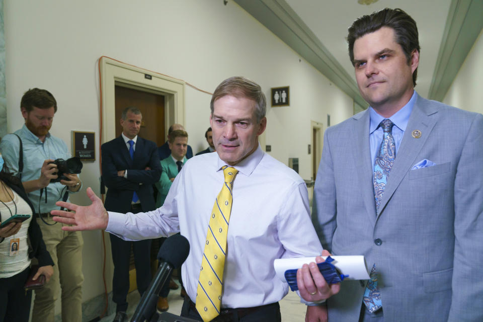 House Judiciary Committee members, Rep. Jim Jordan, R-Ohio, left, and Rep. Matt Gaetz, R-Fla., speak to reporters as they leave a closed-door session with former White House counsel Don McGahn, two years after House Democrats originally sought his testimony as part of investigations into former President Donald Trump, at the Capitol in Washington, Friday, June 4, 2021. (AP Photo/J. Scott Applewhite)