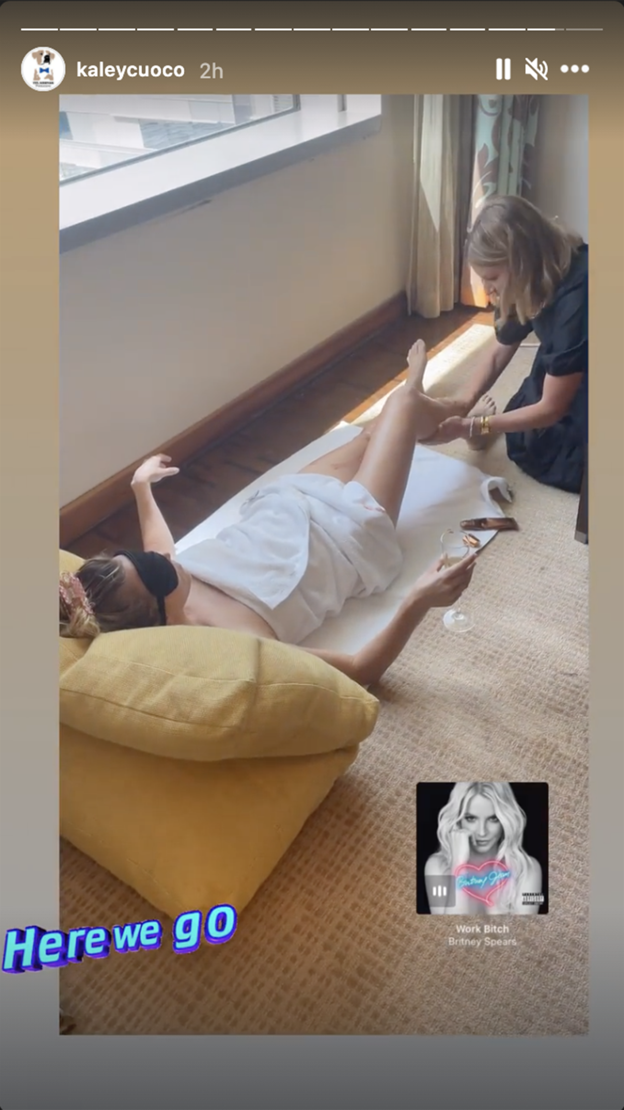 Cuoco shared a video getting a massage and enjoying a glass of wine. (Kaley Cuoco / Instagram)