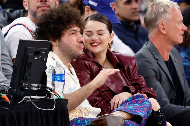 <p>Sarah Stier/Getty</p> Benny Blanco and Selena Gomez attend a game between the New York Knicks and the Philadelphia 76ers at Madison Square Garden in April 2024