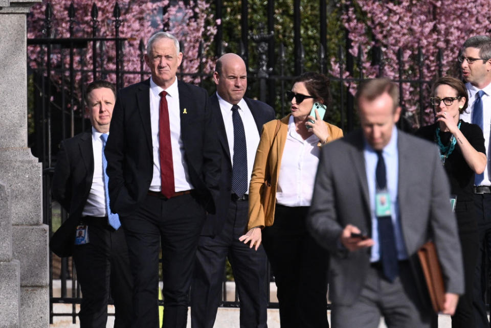 Israeli war cabinet member Benny Gantz departs the White House after meeting with U.S. Vice President Kamala Harris on March 4, 2024. (Photo by BRENDAN SMIALOWSKI/AFP via Getty Images)