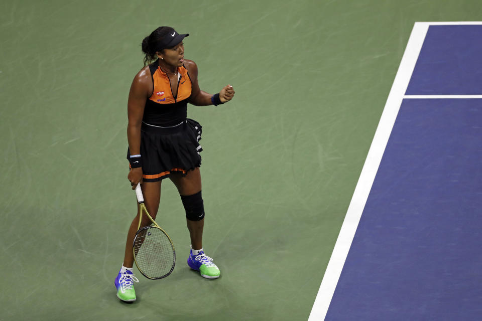 Naomi Osaka, of Japan, reacts to winning a point against Coco Gauff during the third round of the U.S. Open tennis tournament, Saturday, Aug. 31, 2019, in New York. (AP Photo/Adam Hunger)