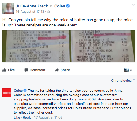 Julie-Anne French didn't hesitate in calling out Coles on the unpleasant price hike. Source: Facebook
