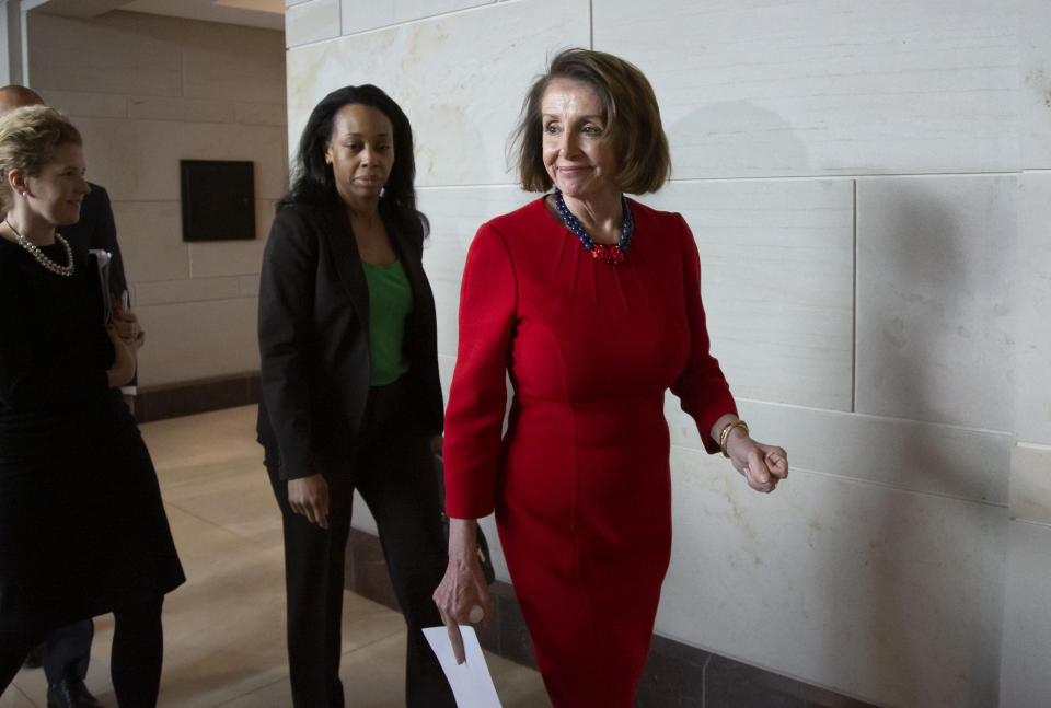 House Democratic Leader Nancy Pelosi of California, walks past reporters at the Capitol after a classified briefing by CIA Director Gina Haspel to the House leadership about the murder of journalist Jamal Khashoggi and the involvement by the Saudi crown prince, Mohammed bin Salman, on Capitol Hill in Washington, Wednesday, Dec. 12, 2018. (AP Photo/J. Scott Applewhite)