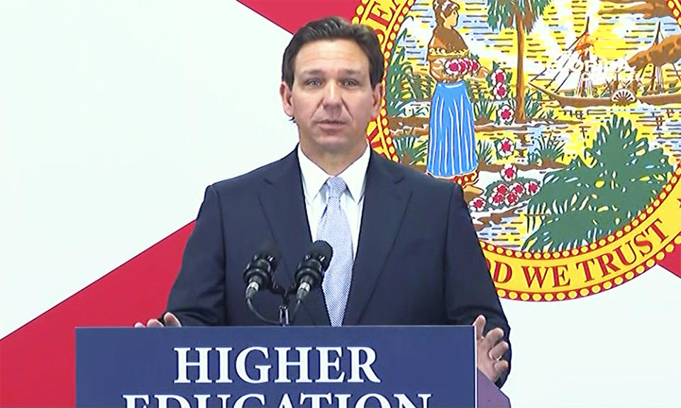 Gov. Ron DeSantis discusses higher education proposals at State College of Florida on Jan. 31, 2023. (Screenshot/Florida Channel)