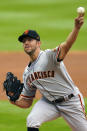 San Francisco Giants starting pitcher Tyler Anderson throws against the Colorado Rockies during the first inning of a baseball game, Thursday, Aug. 6, 2020, in Denver. (AP Photo/Jack Dempsey)