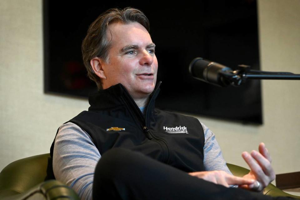 Former NASCAR driver and Hall of Fame member Jeff Gordon responds to a question during the Sports Legends of the Carolinas podcast on Tuesday, March 21, 2023. Gordon is now the Vice-Chairman for Hendrick Motorsports in Concord, NC.