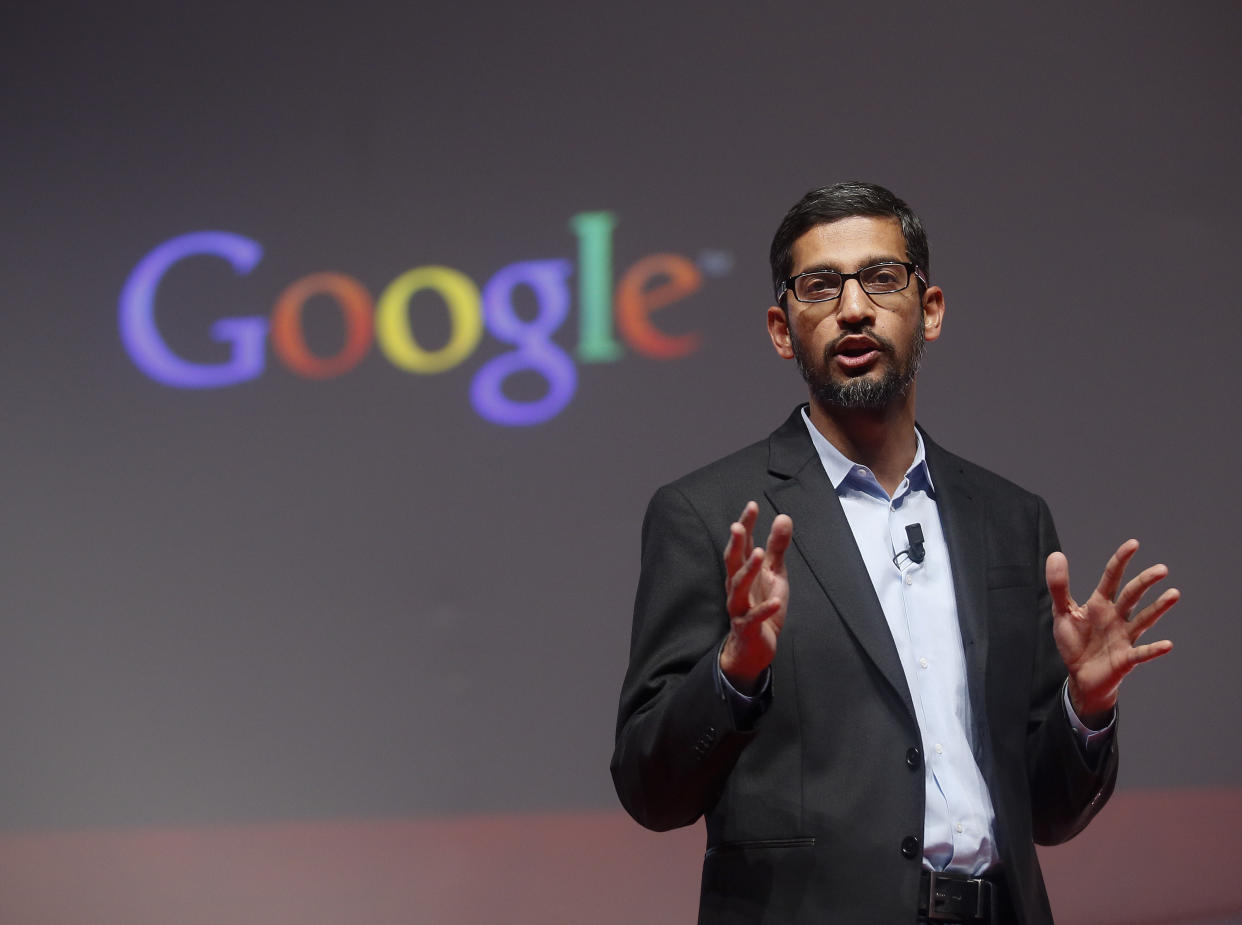 Sundar Pichai, Google's senior vice president of products, speaks during a presentation at the Mobile World Congress in Barcelona March 2, 2015. Ninety thousand executives, marketers and reporters gather in Barcelona this week for the telecom operators Mobile World Congress, the largest annual trade show for the global wireless industry.      REUTERS/Albert Gea (SPAIN  - Tags: BUSINESS SCIENCE TECHNOLOGY BUSINESS TELECOMS)