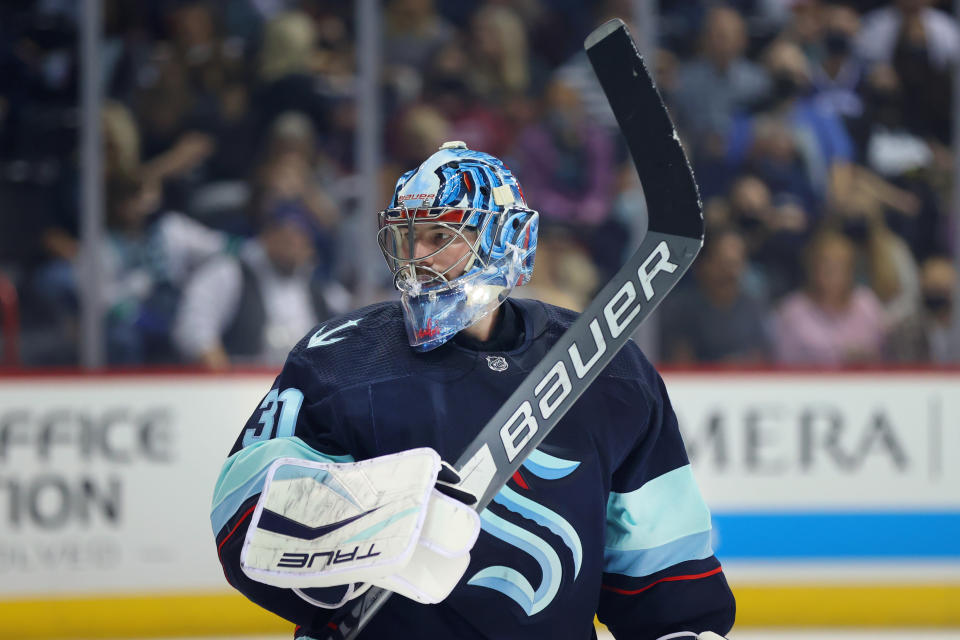 SPOKANE, WASHINGTON - SEPTEMBER 26: Philipp Grubauer #31 of the Seattle Kraken looks on in the second period against the Vancouver Canucks during a preseason game at Spokane Veterans Memorial Arena on September 26, 2021 in Spokane, Washington. (Photo by Abbie Parr/Getty Images)