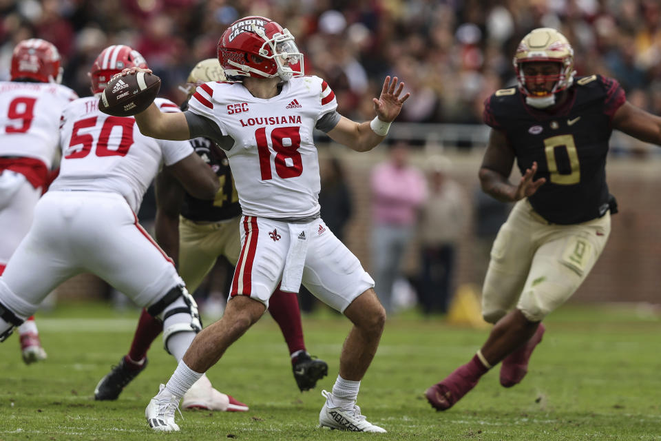 Louisiana quarterback Chandler Fields (18) throws a pass during the first half of an NCAA college football game against Florida State on Saturday, Nov. 19, 2022, in Tallahassee, Fla. (AP Photo/Gary McCullough)