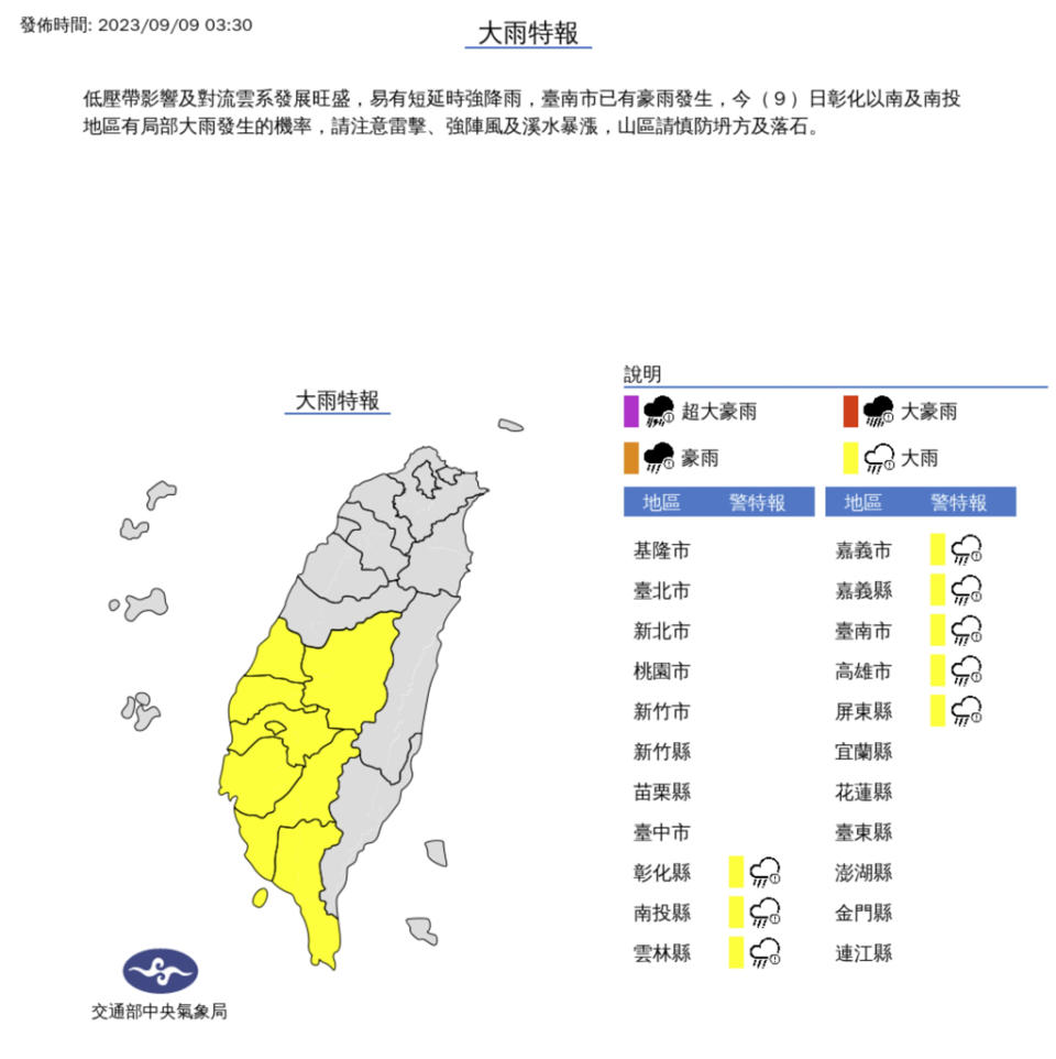 氣象局凌晨針對台中以南8縣市發布大雨特報，其中台南已經下了跨夜豪雨。(圖／氣象局)
