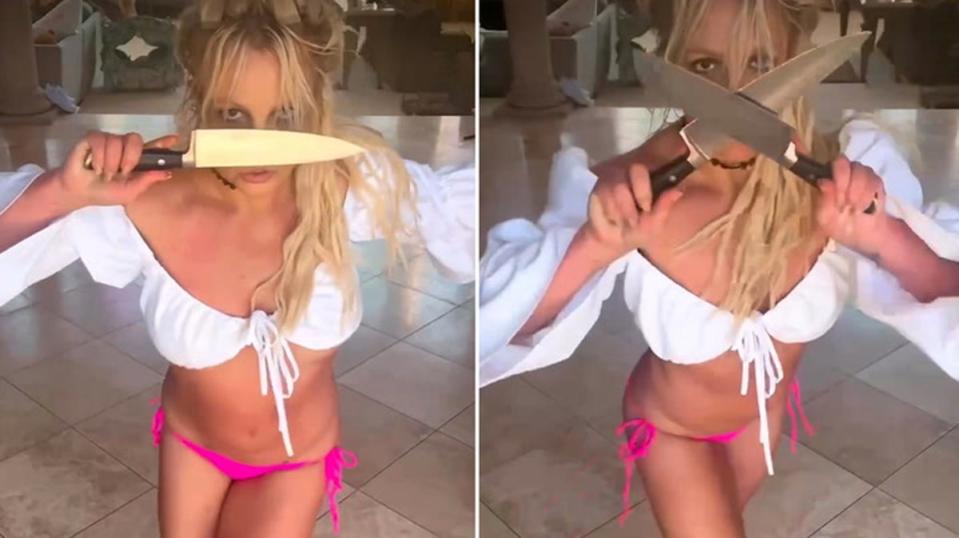 Britney Spears tells fans ‘don’t call the police’ as she releases second ‘knives’ dance video in a week. (Britney Spears)
