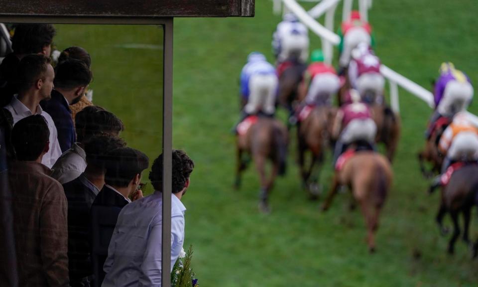 <span>Racegoers watch the action from a hospitality box at Kempton.</span><span>Photograph: Alan Crowhurst/Getty Images</span>