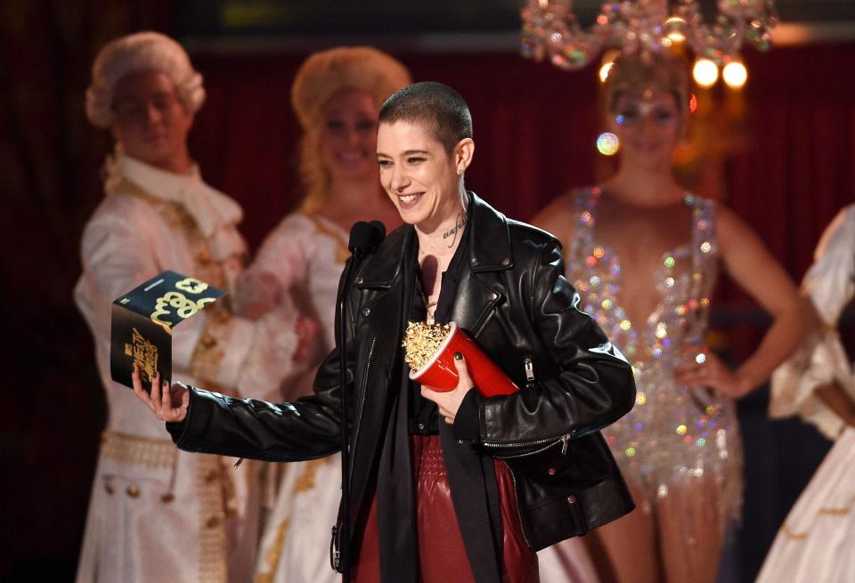 Actor Asia Kate Dillon speaks onstage during the 2017 MTV Movie And TV Awards at The Shrine Auditorium on May 7, 2017, in Los Angeles.
