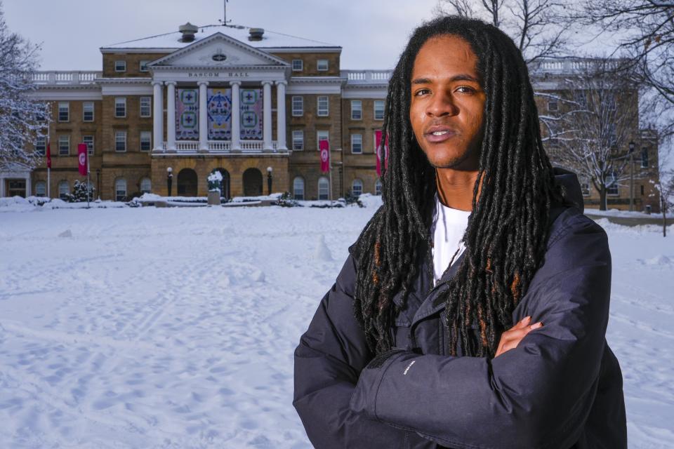 University of Wisconsin student Kaleb Autman poses for a photo outside Bascom Hall, Thursday, Jan. 11, 2024, in Madison, Wis. On college campuses, a newer version of free speech is emerging as young generations redraw the line where expression crosses into harm. (AP Photo/Morry Gash)