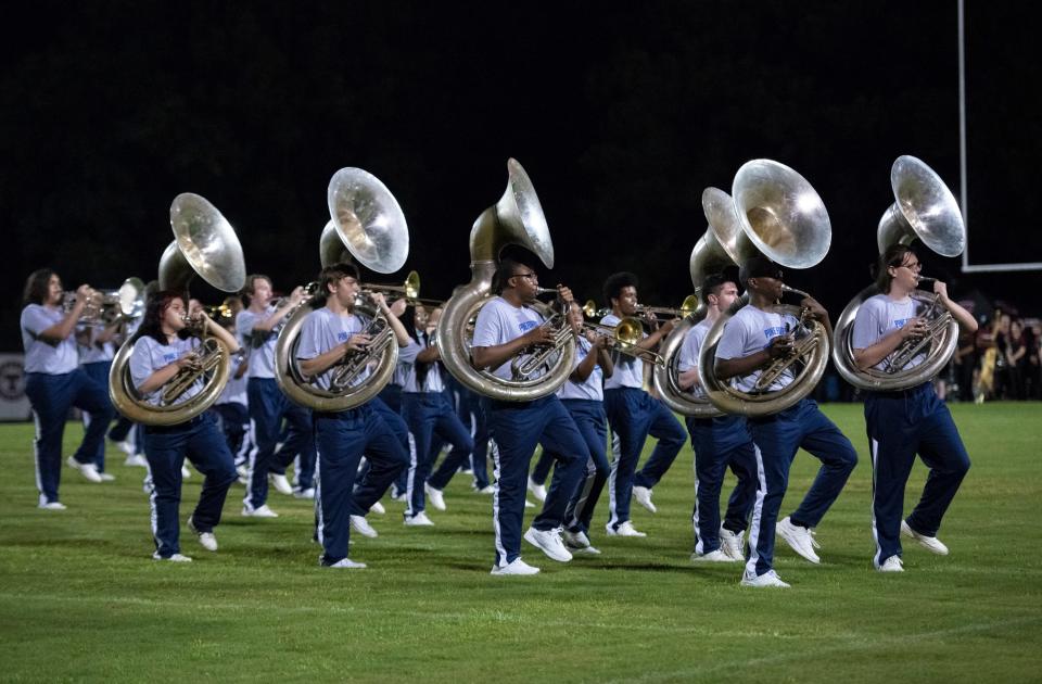 The Eagles marching band performs during halftime at the Tate vs Pine Forest football game at Pine Forest High School in Pensacola on Thursday, Aug. 25, 2022.