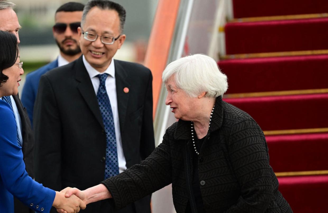 U.S. Treasury Secretary Janet Yellen arrives at Beijing Capital International Airport in Beijing, China, on July 6, 2023. <a href="https://www.gettyimages.com/detail/news-photo/treasury-secretary-janet-yellen-arrives-at-beijing-capital-news-photo/1507503422?adppopup=true" rel="nofollow noopener" target="_blank" data-ylk="slk:Pedro Pardo/POOL/AFP via Getty Images;elm:context_link;itc:0;sec:content-canvas" class="link ">Pedro Pardo/POOL/AFP via Getty Images</a>
