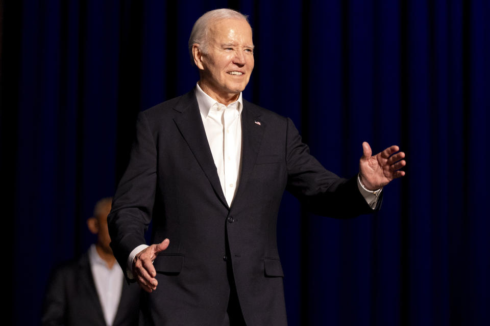 President Joe Biden arrives for a campaign event with former President Barack Obama moderated by Jimmy Kimmel at the Peacock Theater, Saturday, June 15, 2024, in Los Angeles. (AP Photo/Alex Brandon)