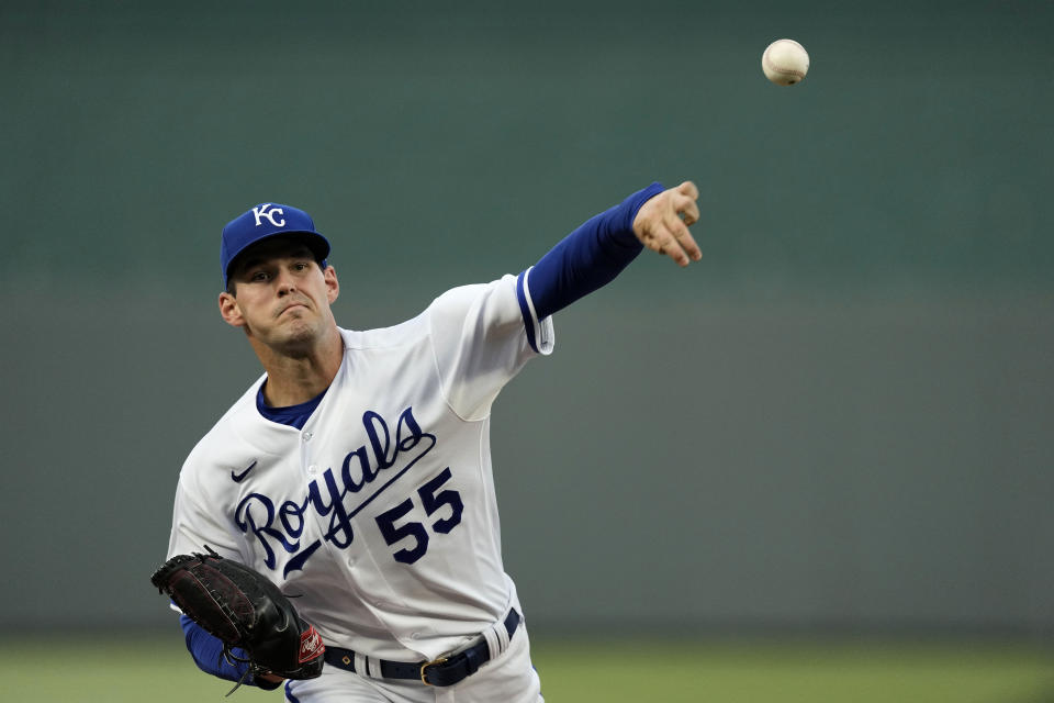 Kansas City Royals starting pitcher Cole Ragans throws during the first inning of a baseball game Pittsburgh Pirates Tuesday, Aug. 29, 2023, in Kansas City, Mo. (AP Photo/Charlie Riedel)