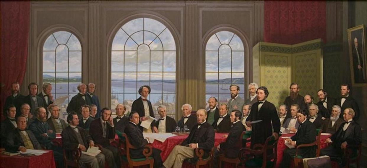 The oil painting The Fathers of Confederation by Rex Woods (1968). <a href="https://www.ourcommons.ca/About/HistoryArtsArchitecture/fine_arts/historical/609-e.htm" rel="nofollow noopener" target="_blank" data-ylk="slk:(Ourcommons.ca);elm:context_link;itc:0;sec:content-canvas" class="link ">(Ourcommons.ca)</a>