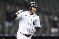 Detroit Tigers' Robbie Grossman celebrates his walk-off single against the Kansas City Royals in the ninth inning of a baseball game in Detroit, Tuesday, May 11, 2021. Detroit won 8-7. (AP Photo/Paul Sancya)