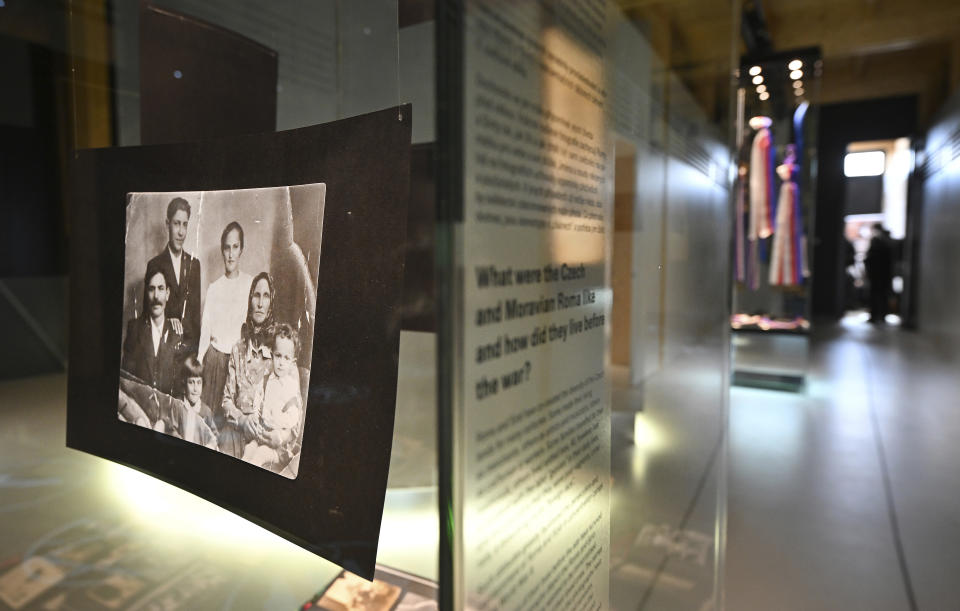 The exhibition of the Holocaust Memorial of Roma and Sinti is seen before the opening ceremony, in Lety, Czech Republic, Tuesday, April 23, 2024. (Lubos Pavlicek/CTK via AP)