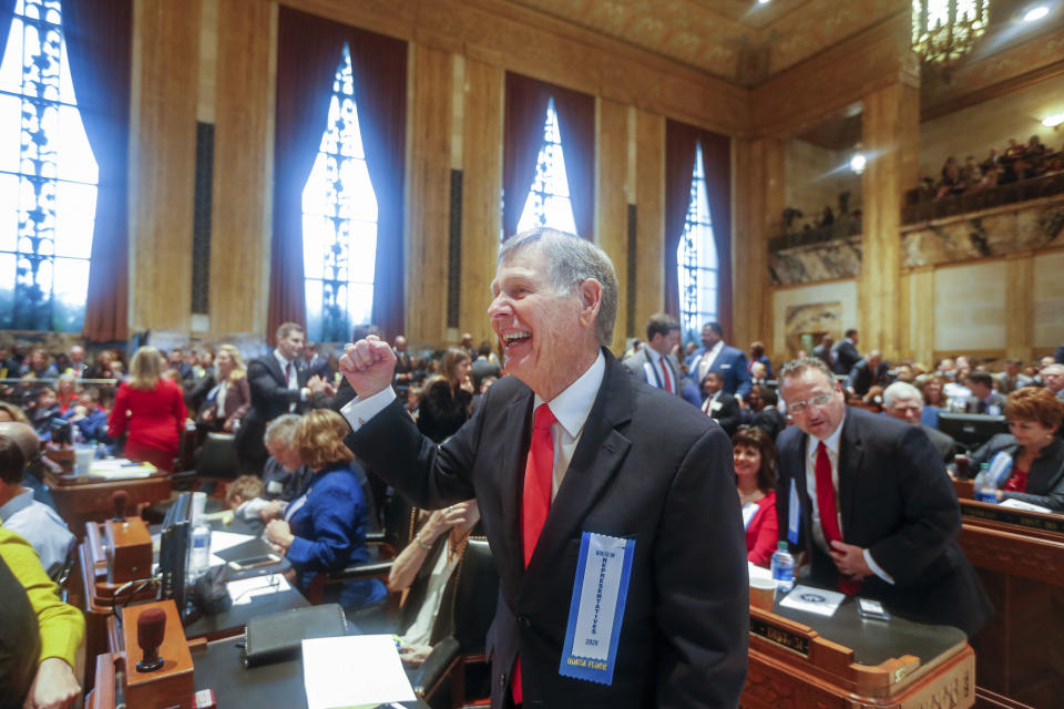 FILE - Louisiana state Rep. Francis Thompson, D-Delhi, reacts after being in sworn in with other members of the Louisiana House of Representatives at the state Capitol in Baton Rouge, La., Jan. 13, 2020. An historically high number supermajorities in state legislatures has pushed laws further to the edge on abortion, climate and transgender issues. Twenty-eight states have legislatures with majorities so large they could override a gubernatorial veto without any help of the opposing party. (AP Photo/Brett Duke, File)