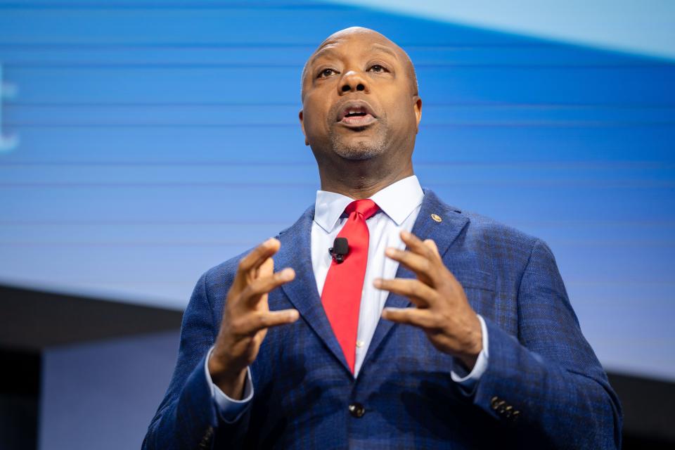 GOP presidential candidate Sen. Tim Scott, R-S.C. speaks during the Family Leadership Summit in Des Moines, Friday, July 14, 2023. 