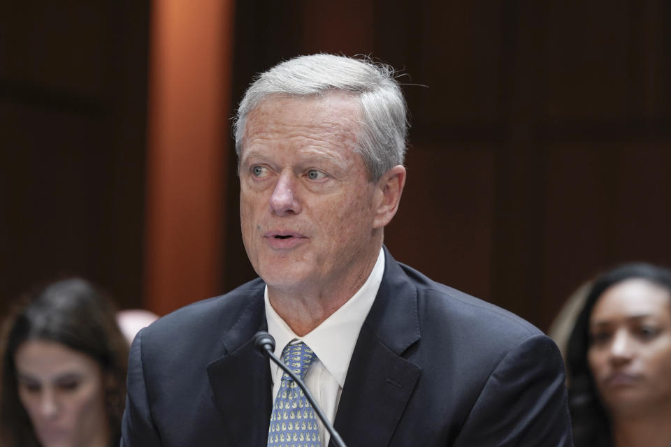 FILE - NCAA President Charlie Baker testifies during a Senate Judiciary Committee hearing Oct. 17, 2023, on Capitol Hill in Washington. Baker indicated that the institution is committed to adding revenue sharing for women’s basketball. For that to happen, the NCAA Division I Board of Directors Finance Committee has to first put forth a proposal. The Division I Board of Directors is meeting next week in Phoenix so a future timetable could be discussed. (AP Photo/Mariam Zuhaib, File)