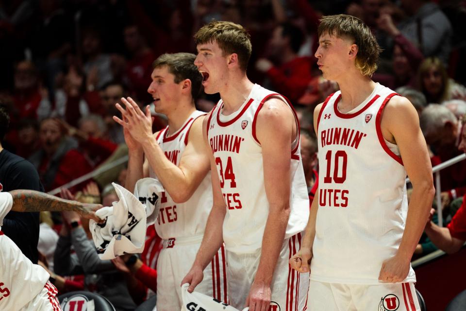 Utah Utes teammates cheer from the bench during the men’s college basketball game between the Utah Utes and the Colorado Buffaloes at the Jon M. Huntsman Center in Salt Lake City on Saturday, Feb. 3, 2024. | Megan Nielsen, Deseret News