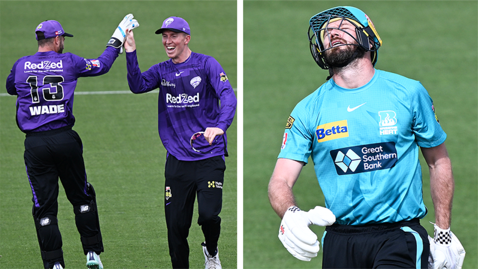 The Brisbane Heat's Michael Neser (pictured right) dismissed and (pictured left) Matthew Wade celebrates a wicket in the Big Bash.