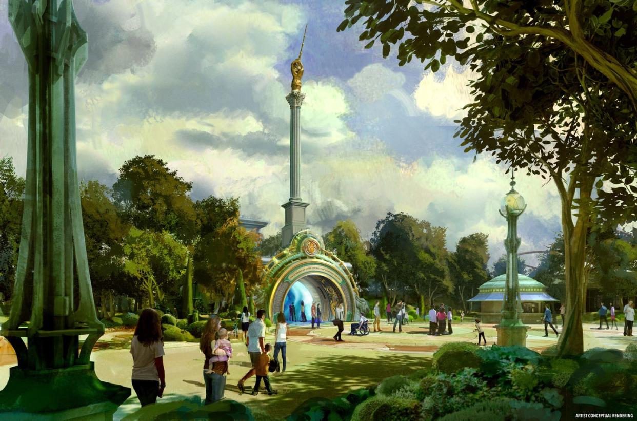 an artist's rendering of the portal to the wizarding world of harry potter – ministry of magic, an upcoming land in the epic universe park at universal studios orlando