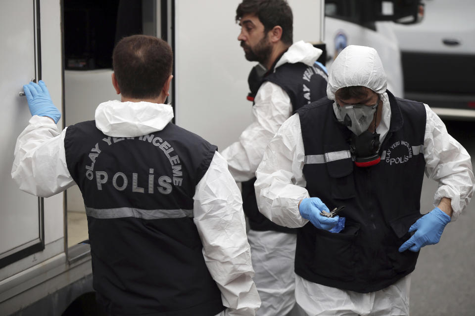 Turkish police officers prepare to enter the residence of the Saudi consul General Mohammed al-Otaibi to conduct a search after the disappearance and alleged slaying of Khashoggi. Source: AP