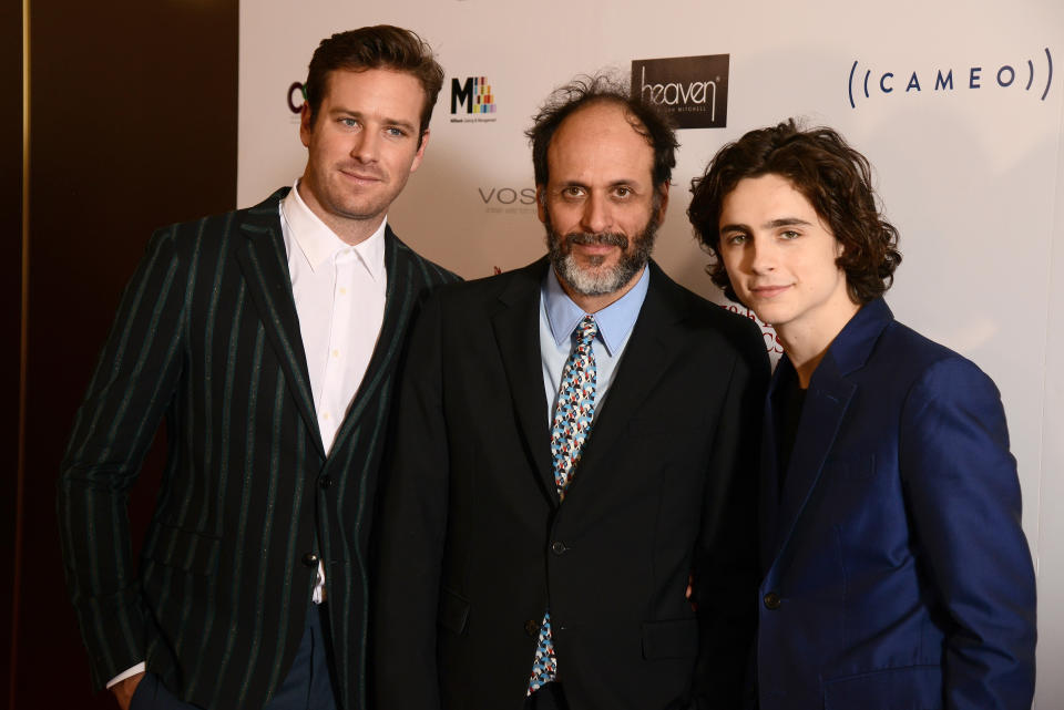 LONDON, ENGLAND - JANUARY 28:  (L-R)  Armie Hammer, director Luca Guadagnino and Timothee Chalamet attend London Film Critics' Circle Awards 2018 at The Mayfair Hotel on January 28, 2018 in London, England.  (Photo by Dave J Hogan/Dave J Hogan/Getty Images)