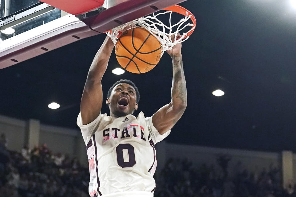 FILE - Mississippi State forward D.J. Jeffries (0) celebrates his dunk against Texas A&M during the second half of an NCAA college basketball game in Starkville, Miss., Saturday, Feb. 25, 2023. Mississippi State won 69-62. (AP Photo/Rogelio V. Solis, File)