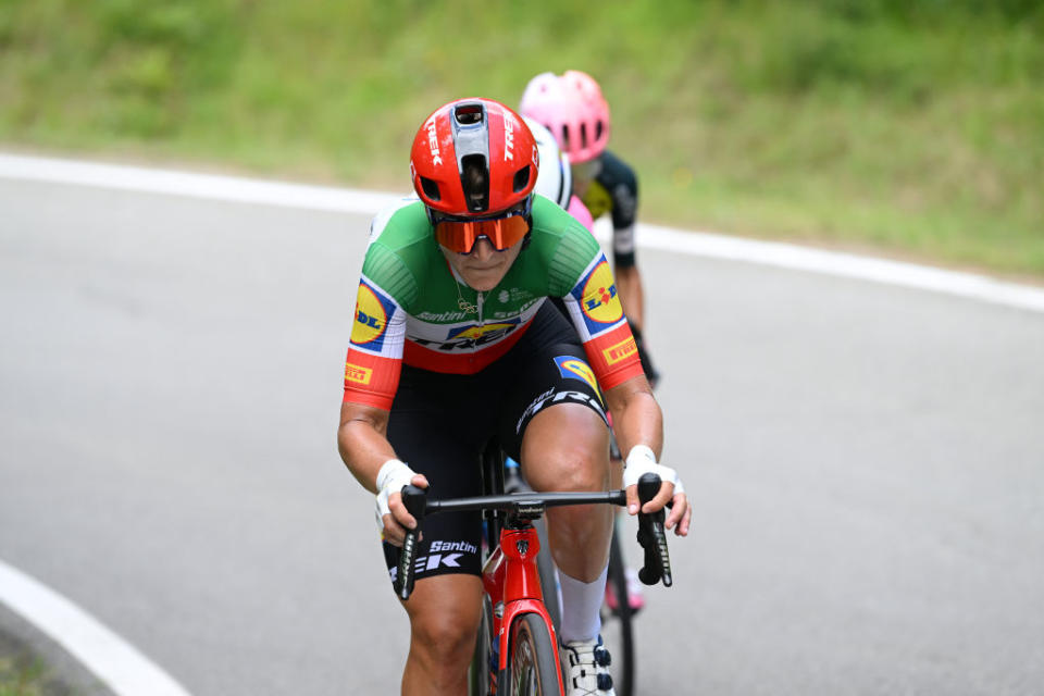 BORGO VAL DI TORO ITALY  JULY 03 Elisa Longo Borghini of Italy and Team Lidl  Trek competes in the breakaway during the 34th Giro dItalia Donne 2023 Stage 4 a 134km stage from Fidenza to Borgo Val di Toro  UCIWWT  on July 03 2023 in Borgo Val di Toro Italy Photo by Dario BelingheriGetty Images