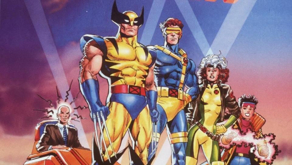 xmen the animated series key art, showing the xmen standing on a mountain