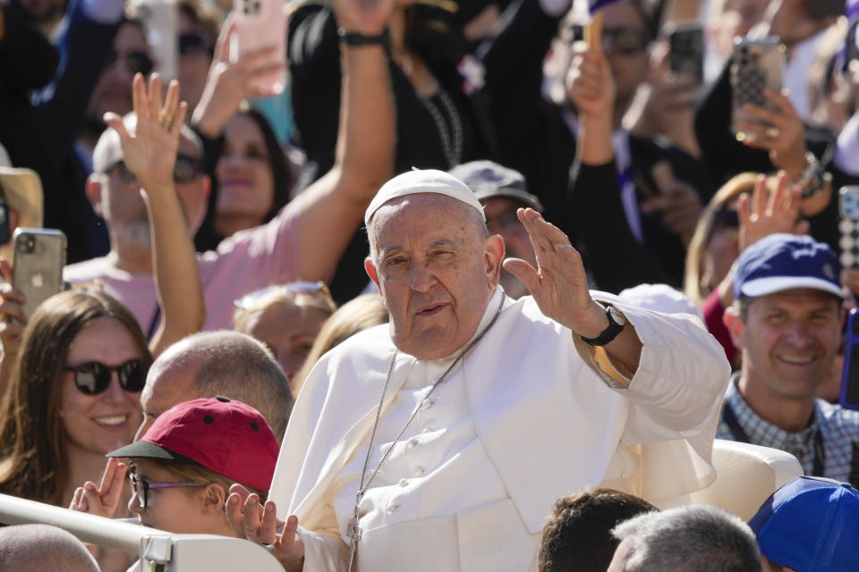 Pope Francis arrives for his weekly general audience in the St. Peter's Square at the Vatican, Wednesday, June 26, 2024. (AP Photo/Andrew Medichini)