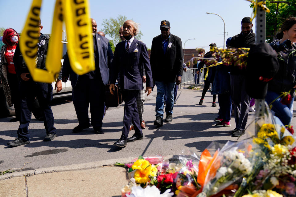 The Rev. Al Sharpton walks from the scene where a memorial was held for the victims of the shooting at Tops supermarket in Buffalo, New York, May 19, 2022. / Credit: Matt Rourke / AP