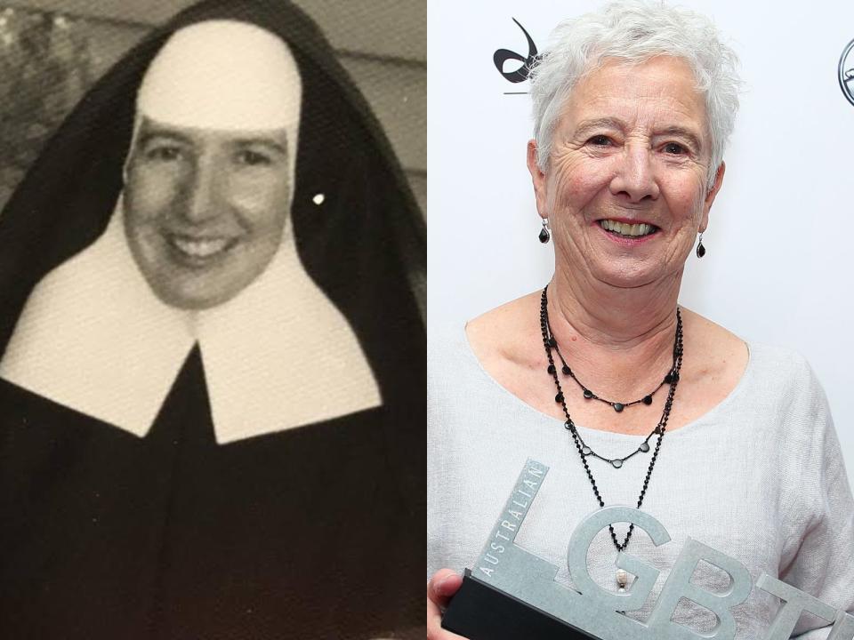 monica hingston as a nun in black and white on the left and modern day monica on the right