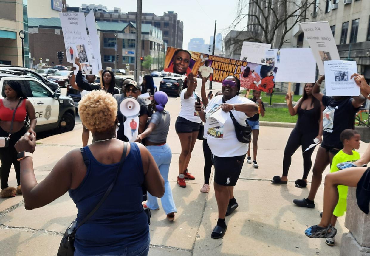 Family and friends of Anthony Wingo demonstrate outside the Milwaukee County Courthouse on June 23, 2023. They said authorities haven't worked fast enough to make an arrest in Wingo's March 28, 2023 shooting death.