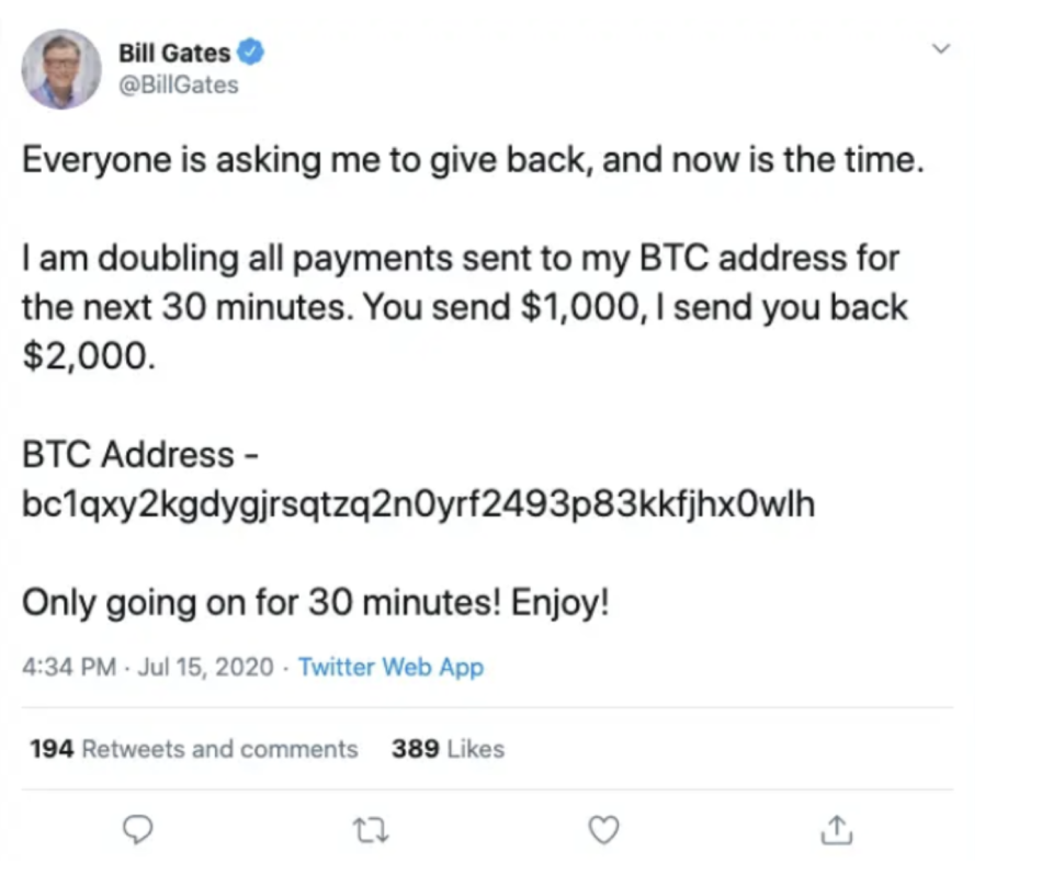 Bill Gates' account was taken over on July 15th. (Screenshot of Twitter from Area 1)