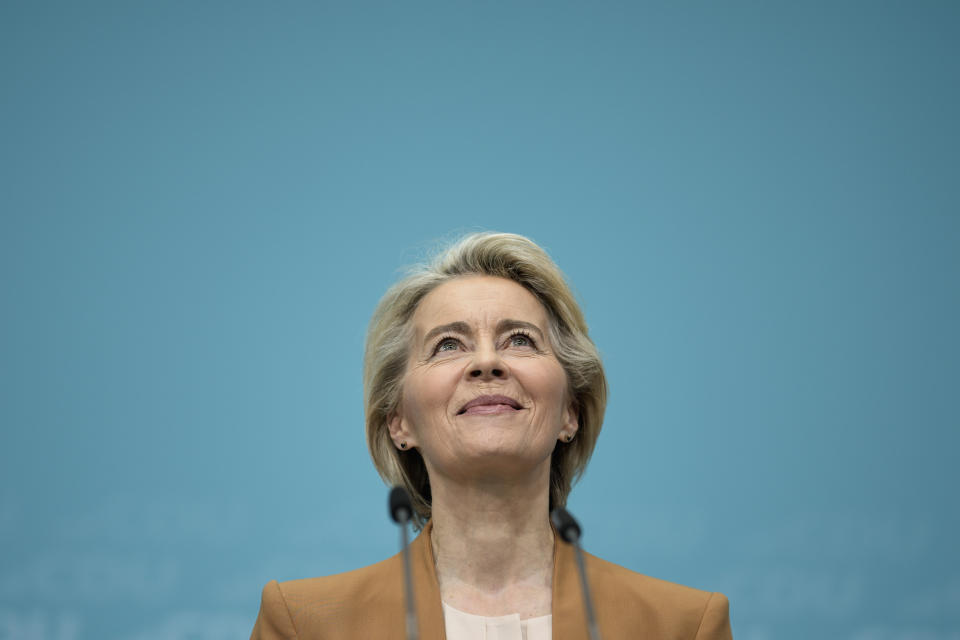 Ursula von der Leyen, President of the European Commission, looks up during a press conference after a board meeting of the Christian Democratic Union (CDU) in Berlin, Germany, Monday, Feb. 19, 2024. Ursula von der Leyen announced her intention to run for a second term as EU commission president. (AP Photo/Markus Schreiber)