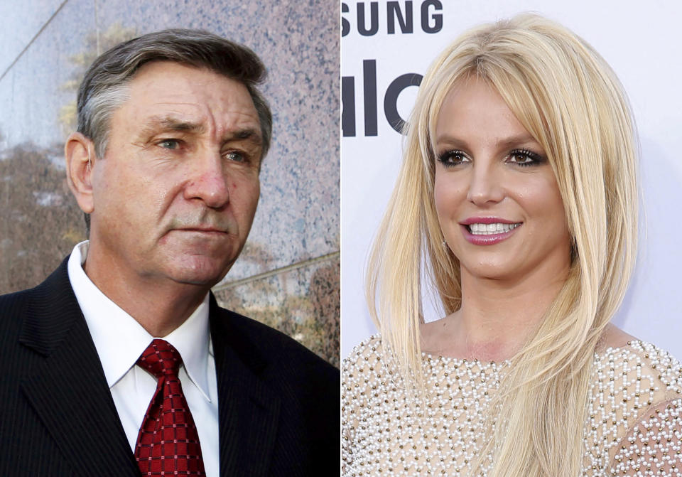 Jamie Spears, father of singer Britney Spears, leaves the Stanley Mosk Courthouse in Los Angeles on Oct. 24, 2012, left, and Britney Spears arrives at the Billboard Music Awards in Las Vegas on May 17, 2015. Spears’ father has asked the court overseeing his daughter’s conservatorship to investigate her statements to a judge last week on the court’s control of her medical treatment and personal life. James Spears emphasized that in 2019 he relinquished his power over his daughter's personal affairs, and has control only over her money. (AP Photo)