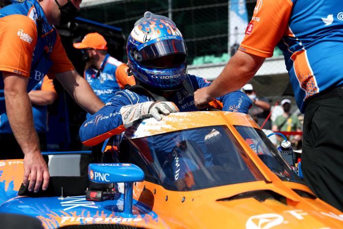 Chip Ganassi Racing driver Scott Dixon (9) climbs into his car Saturday, May 22, 2021, during qualifying for the 105th running of the Indianapolis 500 at Indianapolis Motor Speedway. 