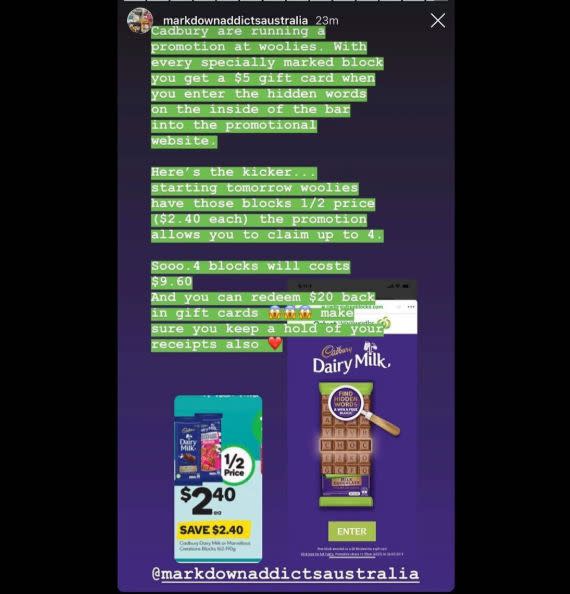 Markdown Addicts Australia spots a genius hack with Cadbury chocolates at Woolworths stores. Source: Instagram/Markdown Addicts Australia 