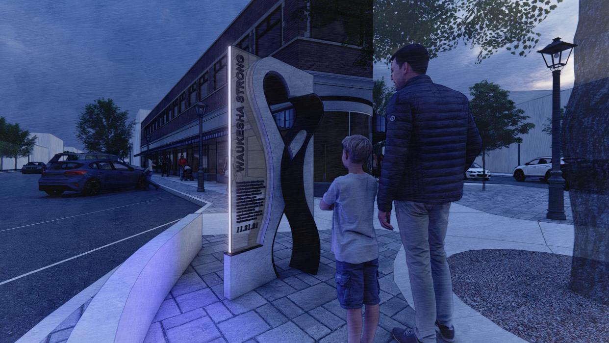 This rendering of Thrive Architect's Main Street memorial, planned for the downtown Waukesha's Five Points intersection, includes six strands noting the deaths of six parade victims in the 2021 Waukesha Christmas Parade. The memorial will be dedicated on Nov. 21, 2023, marking the second anniversary of the tragedy.