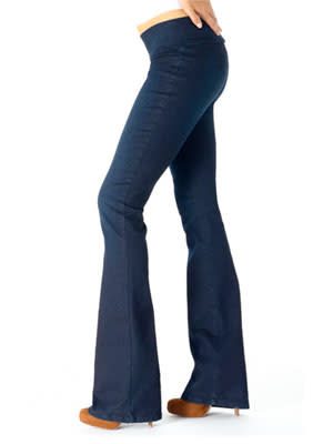 Flared: Look for a slim fit thorough the thighs and legs with a not-crazy-wide flare at the bottom.